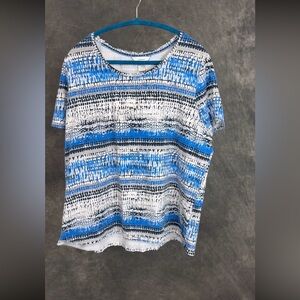 CJ Banks Blue Abstract Stripe Short Sleeve Knit Top | 1X